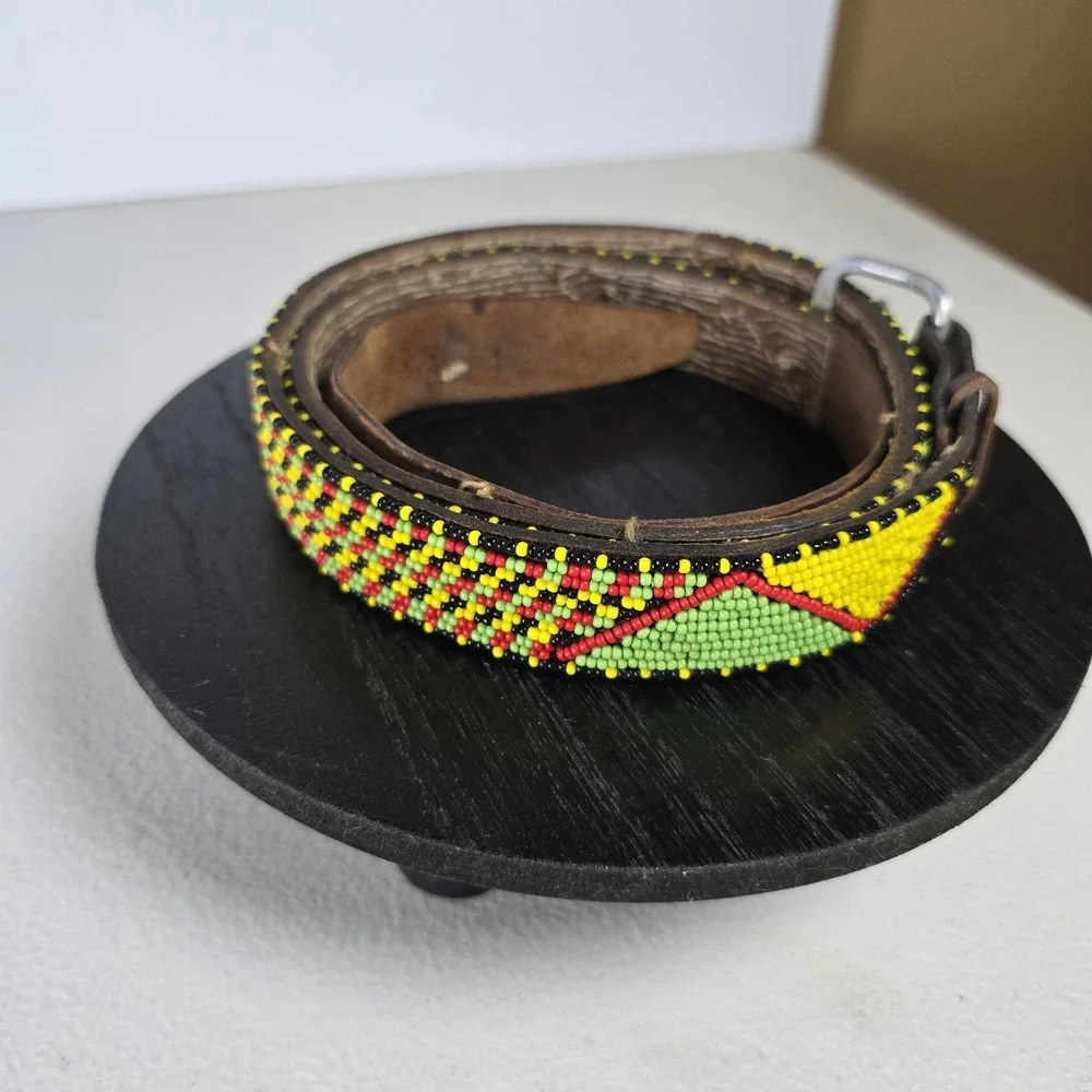 Vintage‎ Beaded Handmade Leather Belt 40